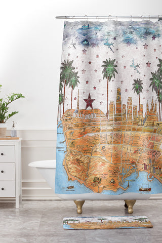 Belle13 Los Angeles Skyline Old Map Shower Curtain And Mat