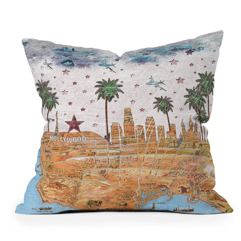 Belle13 Los Angeles Skyline Old Map Throw Pillow