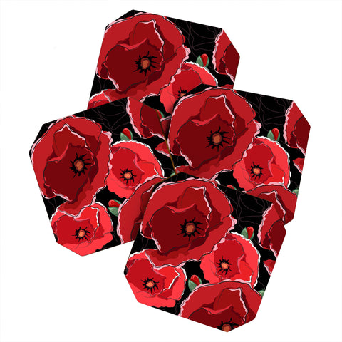 Belle13 Red Poppies On Black Coaster Set