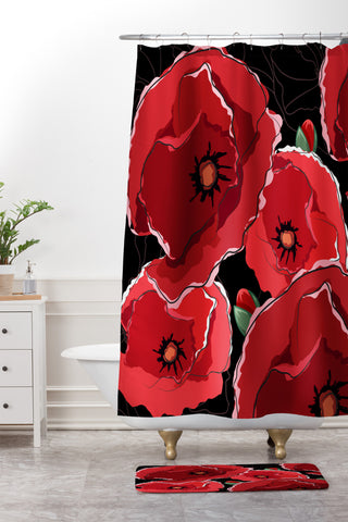 Belle13 Red Poppies On Black Shower Curtain And Mat