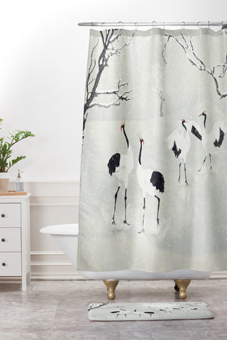 Belle13 Winter Love Dance Of Japanese Cranes Shower Curtain And Mat