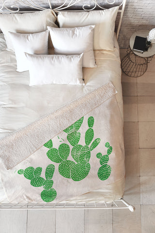 Bianca Green Linocut Cacti 1 Family Fleece Throw Blanket