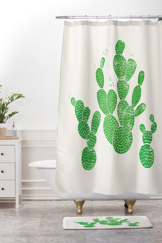 Bianca Green Linocut Cacti 1 Family Shower Curtain And Mat