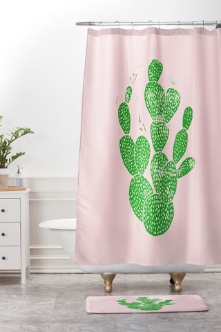 Bianca Green Linocut Cacti 1 Shower Curtain And Mat