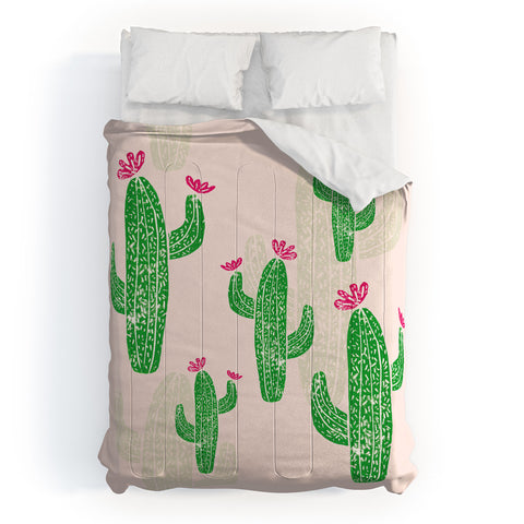 Bianca Green Linocut Cacti 2 Blooming Comforter