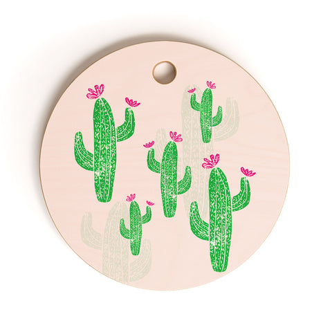 Bianca Green Linocut Cacti 2 Blooming Cutting Board Round