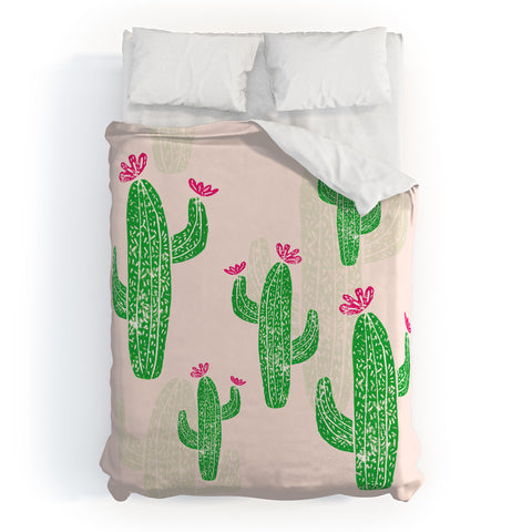 Bianca Green Linocut Cacti 2 Blooming Duvet Cover