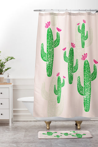 Bianca Green Linocut Cacti 2 Blooming Shower Curtain And Mat