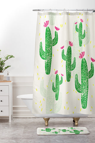 Bianca Green Linocut Cacti 2 Confetti Shower Curtain And Mat