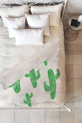 Bianca Green Linocut Cacti 2 Fleece Throw Blanket