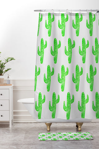 Bianca Green Linocut Cacti Green Shower Curtain And Mat