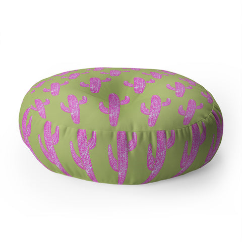 Bianca Green Linocut Cacti Pink Floor Pillow Round