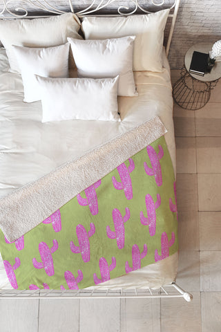 Bianca Green Linocut Cacti Pink Fleece Throw Blanket