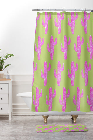 Bianca Green Linocut Cacti Pink Shower Curtain And Mat