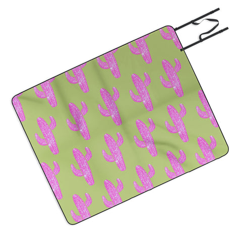 Bianca Green Linocut Cacti Pink Picnic Blanket