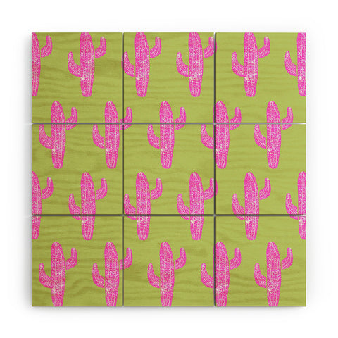 Bianca Green Linocut Cacti Pink Wood Wall Mural