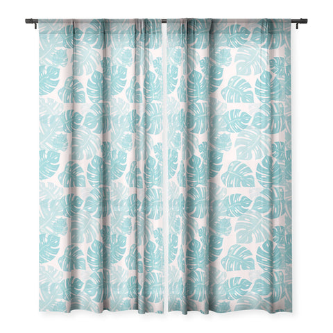 Bianca Green Linocut Monstera Pastel Sheer Window Curtain