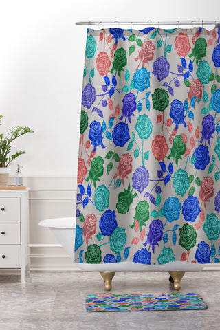 Bianca Green Roses Blue Shower Curtain And Mat