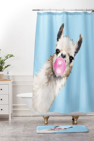 Big Nose Work Bubble Gum Sneaky Llama Blue Shower Curtain And Mat