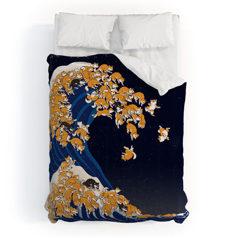 Big Nose Work Shiba Inu Great Wave at Night Comforter