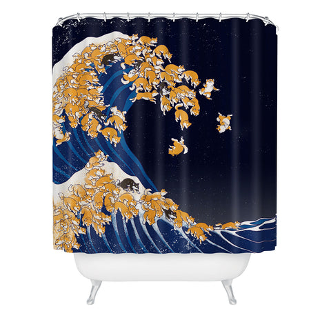 Big Nose Work Shiba Inu Great Wave at Night Shower Curtain