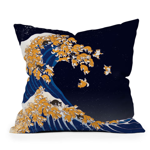 Big Nose Work Shiba Inu Great Wave at Night Throw Pillow