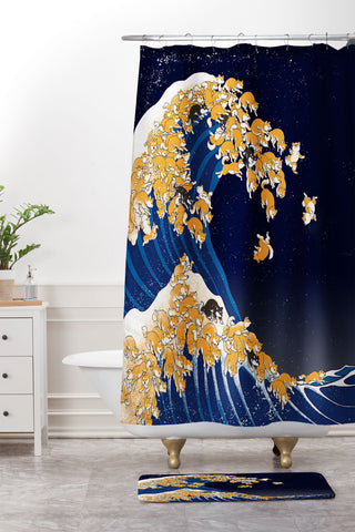 Big Nose Work Shiba Inu The Great Wave in Night Shower Curtain And Mat