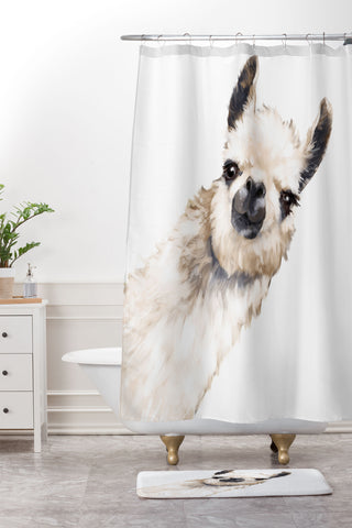 Big Nose Work Sneaky Llama White Shower Curtain And Mat