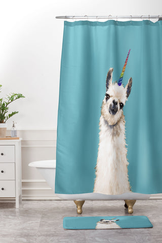 Big Nose Work Unicorn Llama in Blue Shower Curtain And Mat