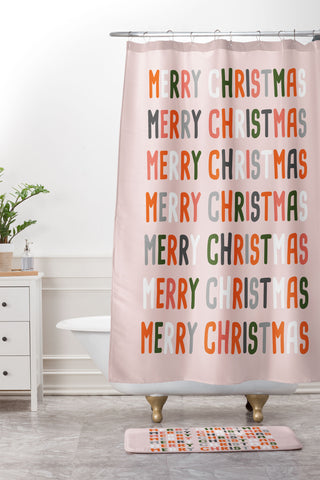 BlueLela Merry Christmas and Happy New Year Pink Shower Curtain And Mat