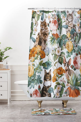 Burcu Korkmazyurek Cat and Floral Pattern III Shower Curtain And Mat
