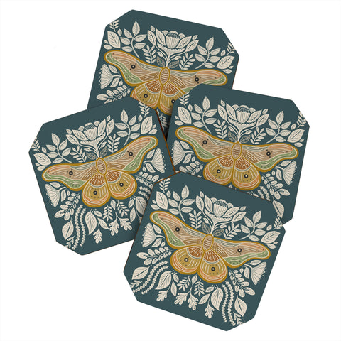 Carey Copeland Moth Floral Gold BlueGreen Coaster Set