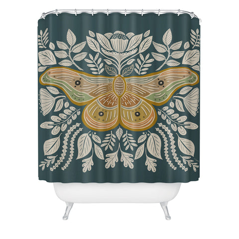 Carey Copeland Moth Floral Gold BlueGreen Shower Curtain
