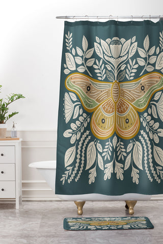 Carey Copeland Moth Floral Gold BlueGreen Shower Curtain And Mat