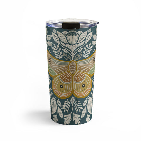 Carey Copeland Moth Floral Gold BlueGreen Travel Mug