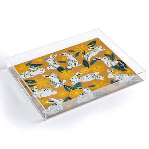 Cat Coquillette Bunnies Blooms Ochre Teal P Acrylic Tray