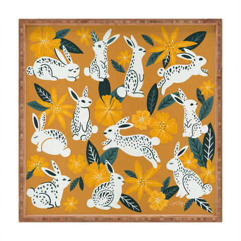 Cat Coquillette Bunnies Blooms Ochre Teal P Square Tray
