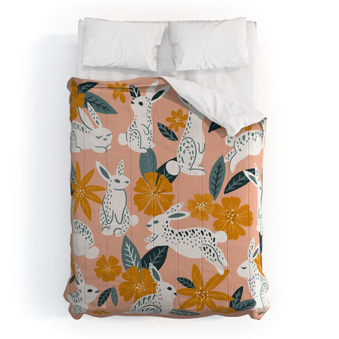 Cat Coquillette Bunnies Blooms Teal Blush Comforter