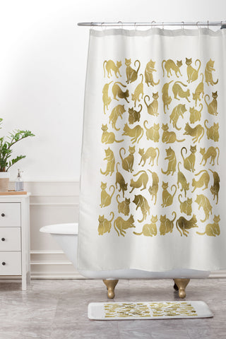 Cat Coquillette Cat Positions in Gold Shower Curtain And Mat