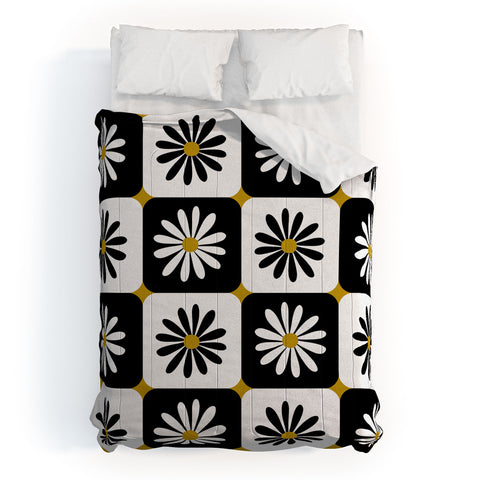 Cat Coquillette Checkered Daisies Black White Comforter