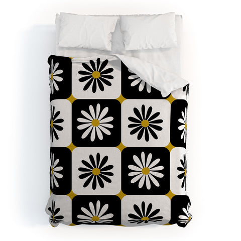 Cat Coquillette Checkered Daisies Black White Duvet Cover