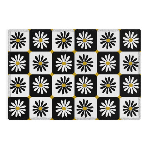 Cat Coquillette Checkered Daisies Black White Outdoor Rug