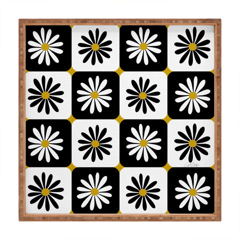 Cat Coquillette Checkered Daisies Black White Square Tray