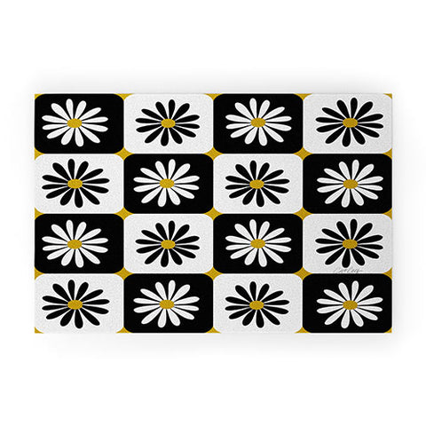 Cat Coquillette Checkered Daisies Black White Welcome Mat