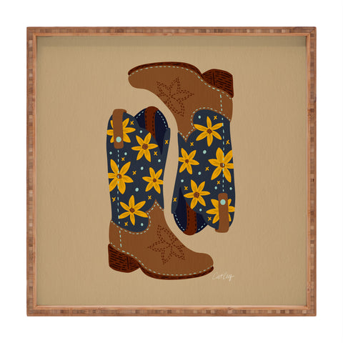 Cat Coquillette Cowgirl Boots Teal Yellow Square Tray