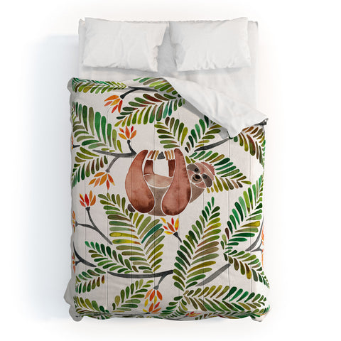 Cat Coquillette Happy Sloth Tropical Green Rainforest Comforter