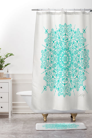 Cat Coquillette Moroccan Mandala Turquoise Shower Curtain And Mat