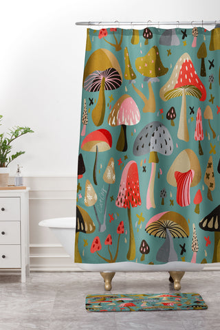 Cat Coquillette Mushroom Collection Mint Shower Curtain And Mat