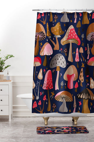 Cat Coquillette Mushroom Collection Navy Shower Curtain And Mat