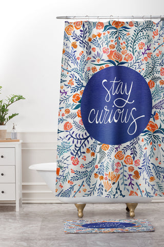Cat Coquillette Stay Curious Navy Red Shower Curtain And Mat